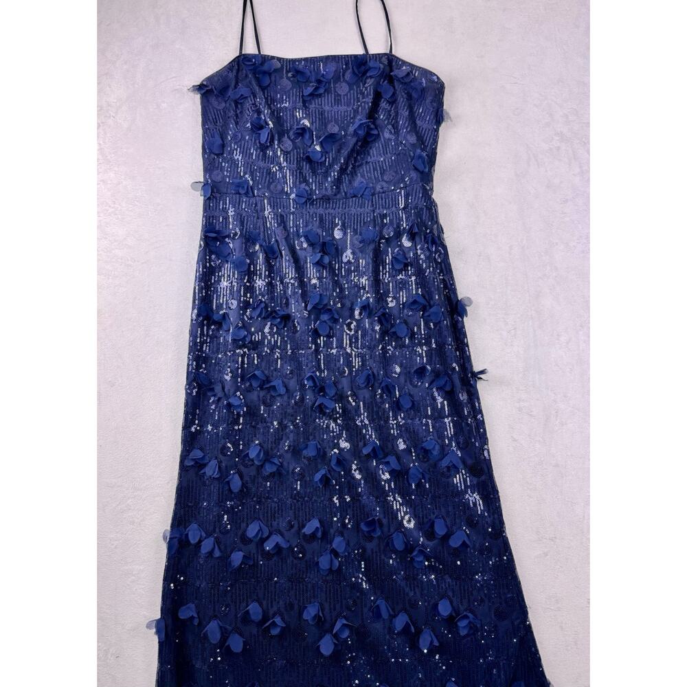 Eliza J Navy Blue Sequin Floral Petal Spaghetti Strap Gown Dress Size 10